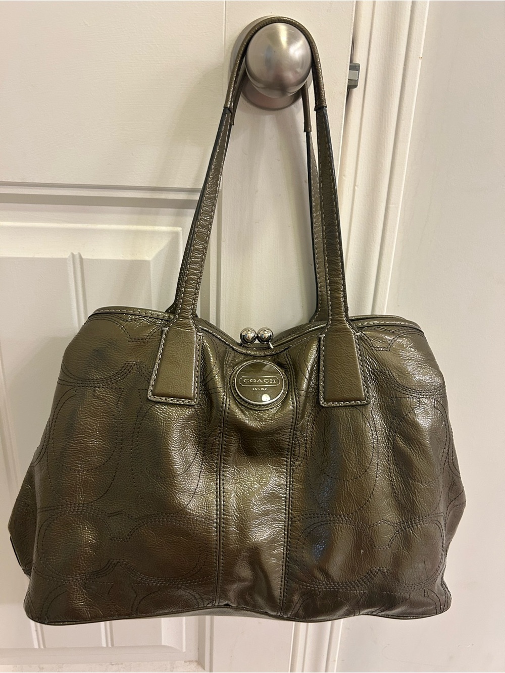 Coach Signature C Stitch Patent Leather Kisslock Satchel Tote Metallic Olive